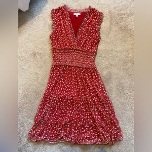 Red floral dress with cinched waist